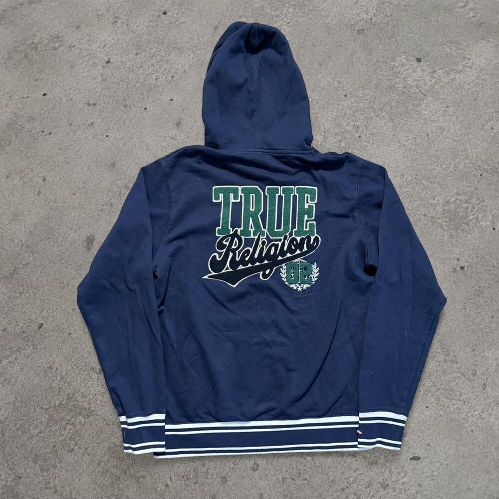 True Religion Ringer Hoodie Fleece Spell Out Navy Blue Mens Size XL